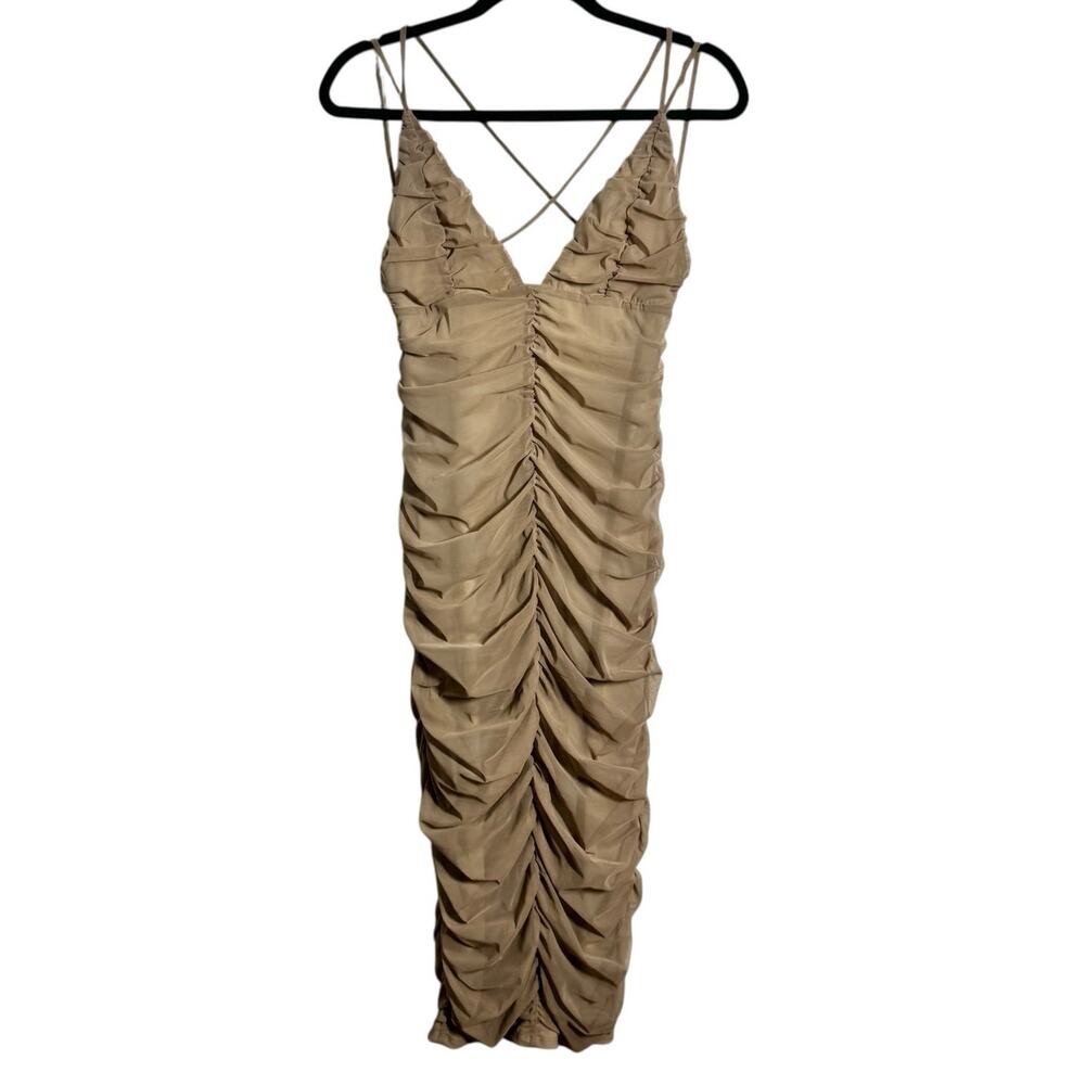 Michael Costello xREVOLVE Fiji Midi Dress Women L Taupe Holiday Ruched Cocktail